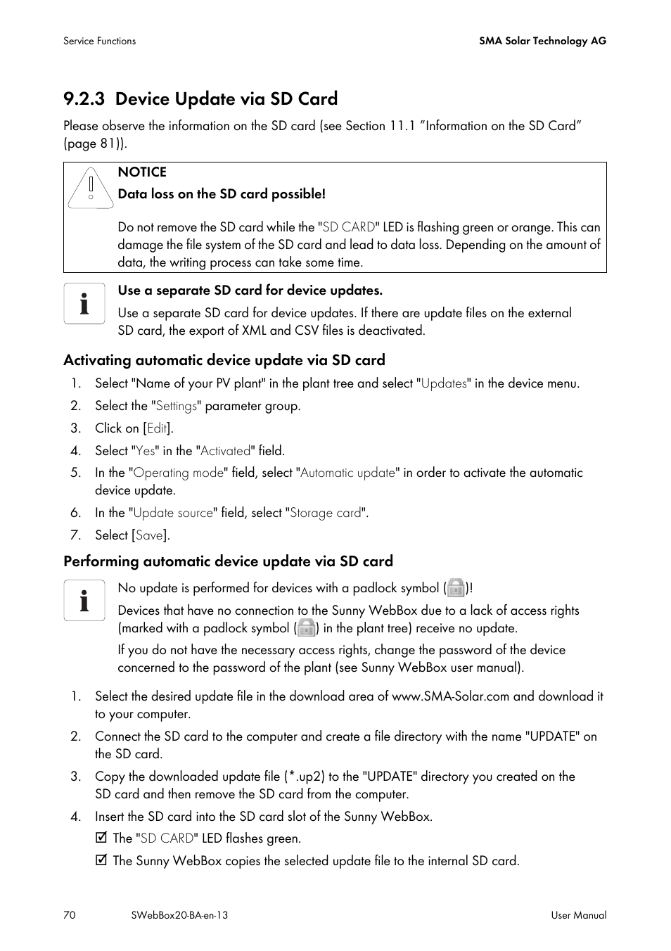 3 device update via sd card, Device update via sd card | SMA WEBBOX-BT-20 User Manual | Page 70 / 88