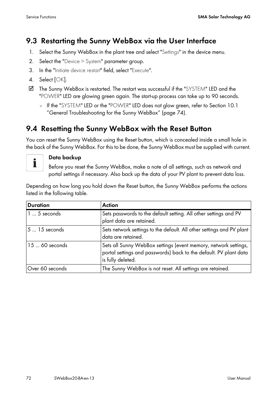 4 resetting the sunny webbox with the reset button, Restarting the sunny webbox via the user interface, Resetting the sunny webbox with the reset button | SMA WEBBOX-BT-20 User Manual | Page 72 / 88