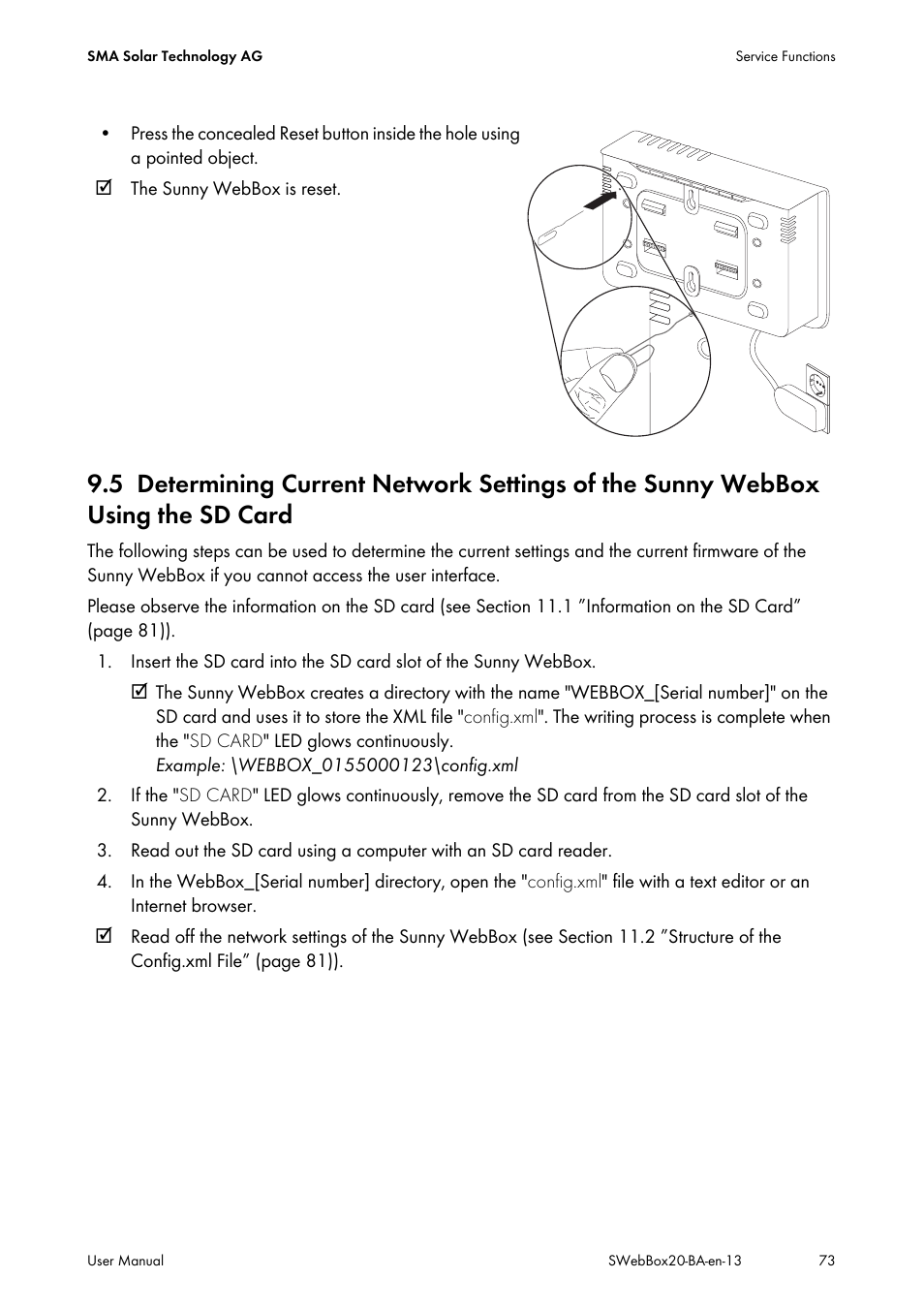 Determining current network settings of the, Sunny webbox using the sd card, 5 ”determining current network | SMA WEBBOX-BT-20 User Manual | Page 73 / 88