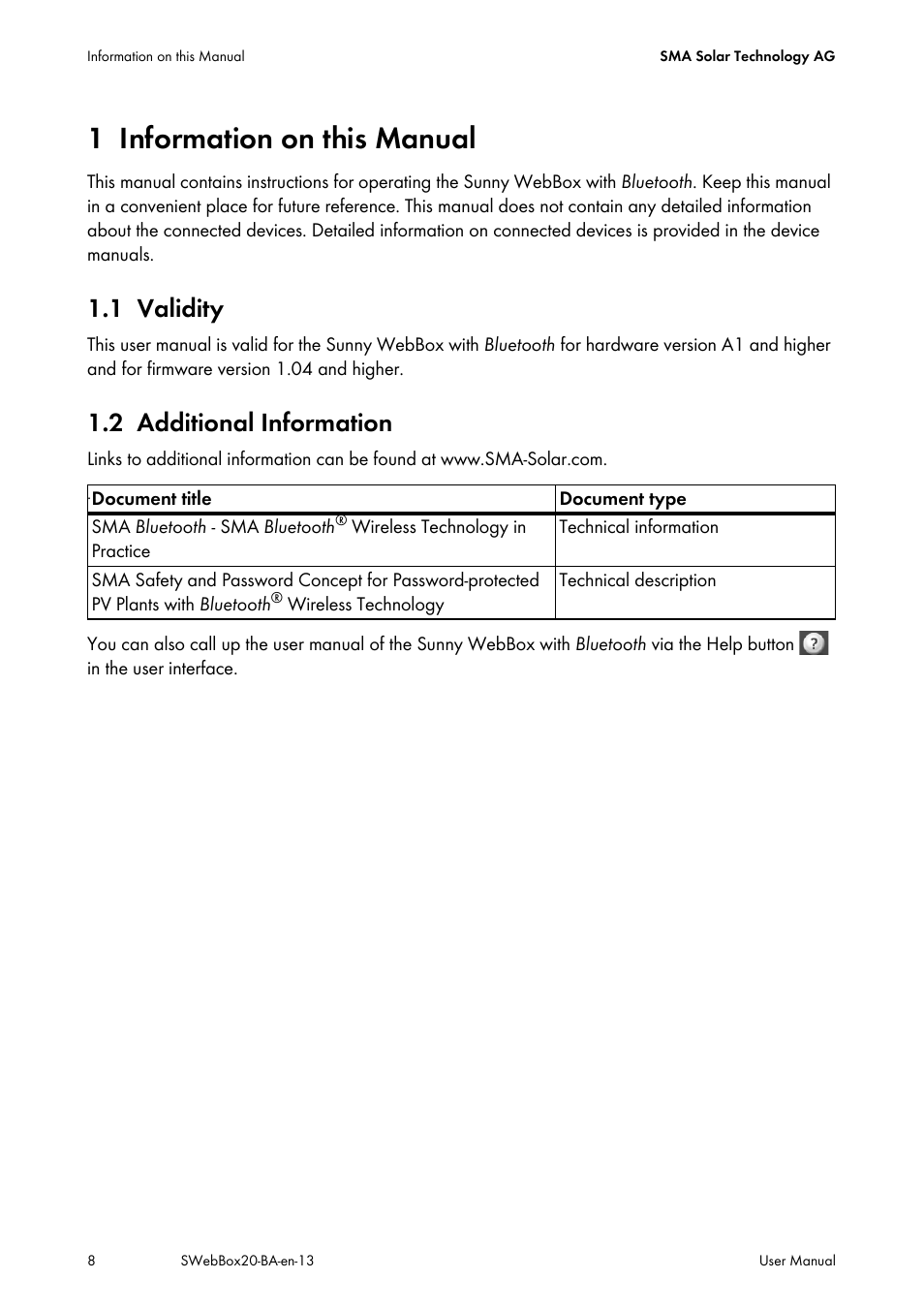 1 information on this manual, 1 validity, 2 additional information | Information on this manual, Validity, Additional information | SMA WEBBOX-BT-20 User Manual | Page 8 / 88