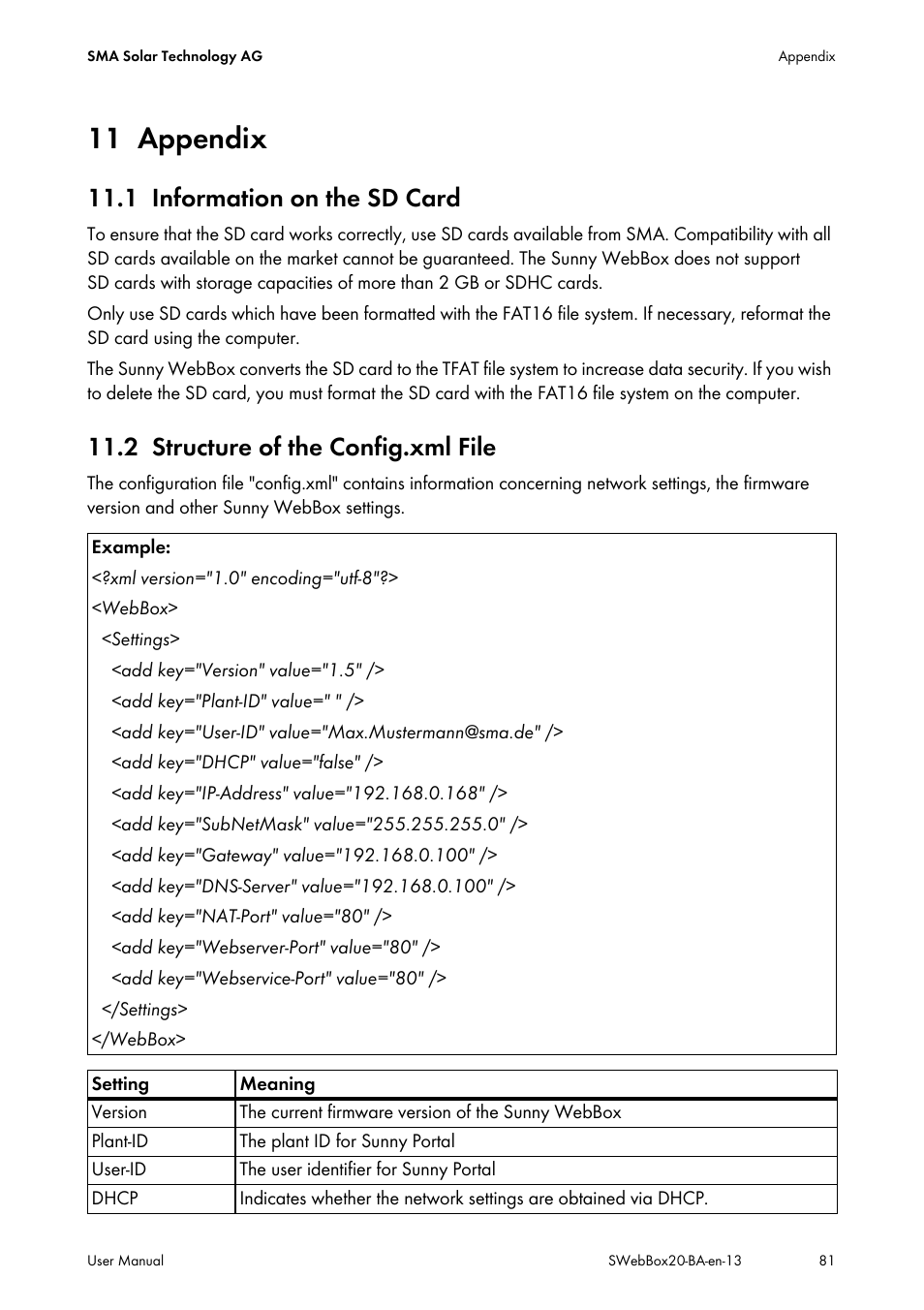 11 appendix, 1 information on the sd card, 2 structure of the config.xml file | Appendix, Information on the sd card, Structure of the config.xml file | SMA WEBBOX-BT-20 User Manual | Page 81 / 88