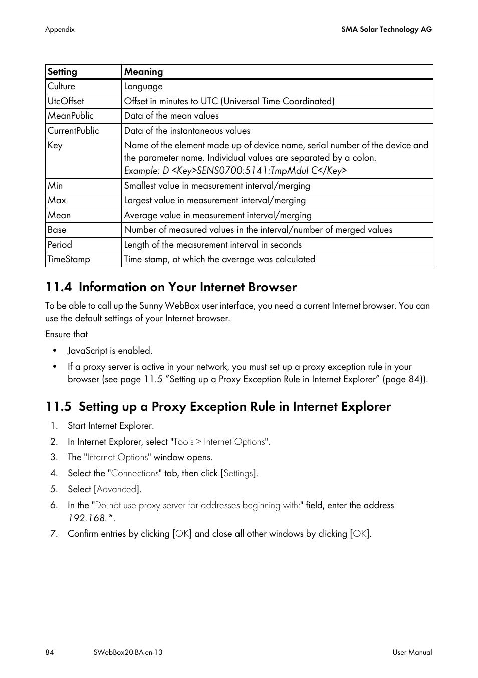 4 information on your internet browser, Information on your internet browser | SMA WEBBOX-BT-20 User Manual | Page 84 / 88