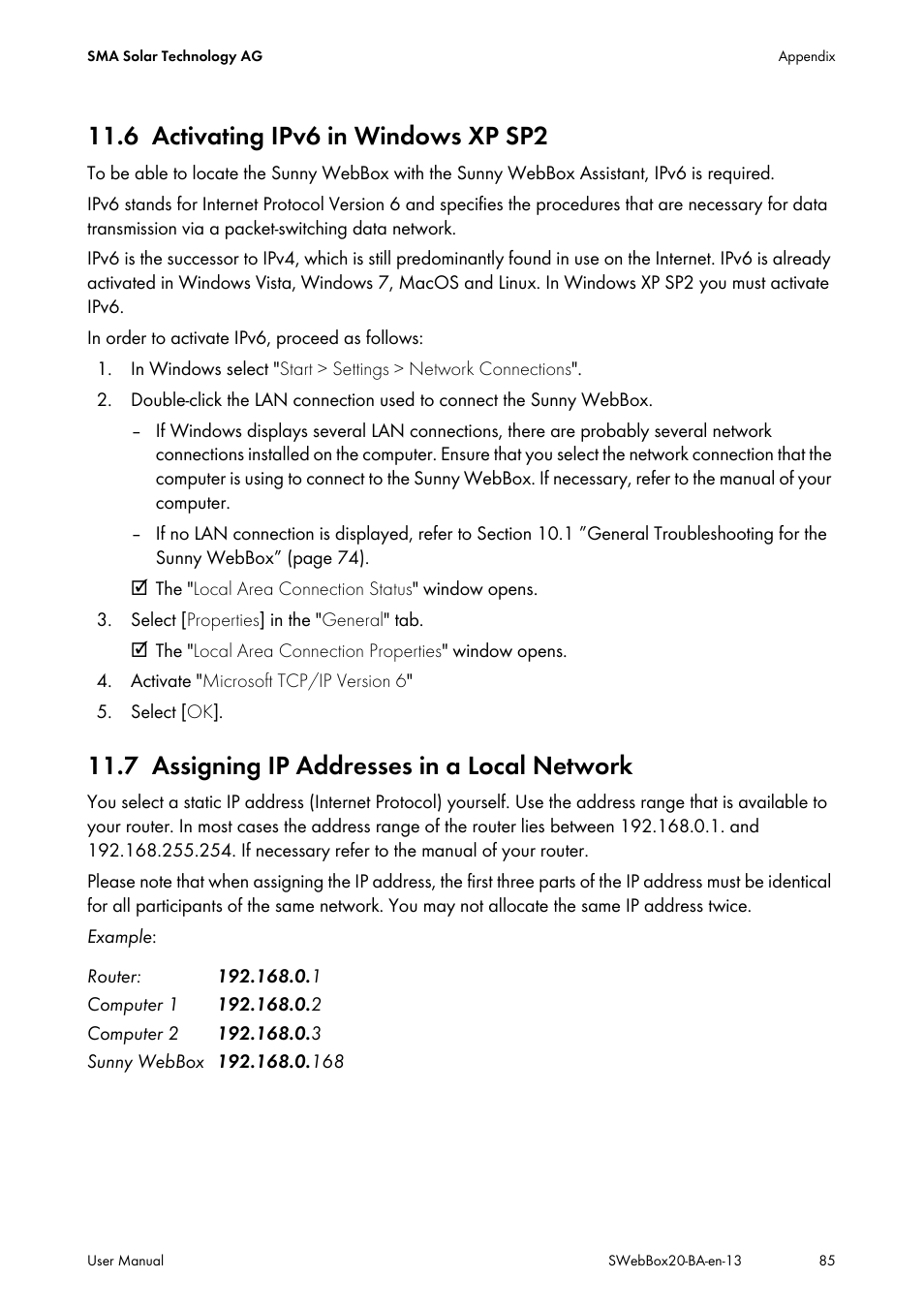 6 activating ipv6 in windows xp sp2, 7 assigning ip addresses in a local network, Activating ipv6 in windows xp sp2 | Assigning ip addresses in a local network | SMA WEBBOX-BT-20 User Manual | Page 85 / 88