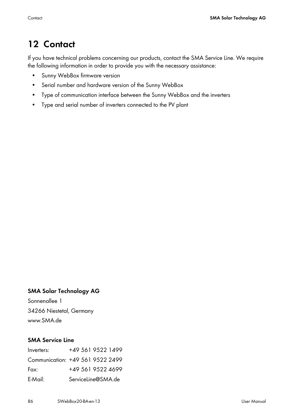 12 contact, Contact | SMA WEBBOX-BT-20 User Manual | Page 86 / 88