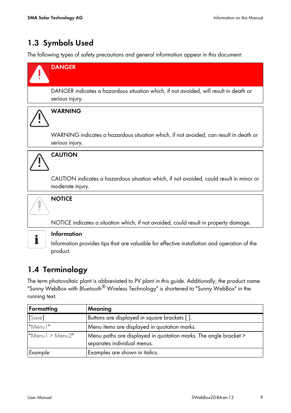 3 symbols used, 4 terminology, Symbols used | Terminology | SMA WEBBOX-BT-20 User Manual | Page 9 / 88