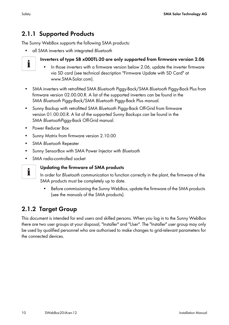 1 supported products, 2 target group, Supported products | Target group | SMA WEBBOX-BT-20 Installation User Manual | Page 10 / 62