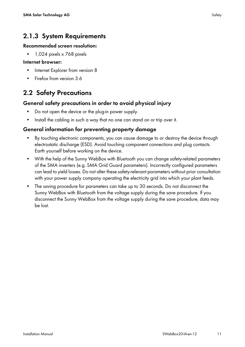 3 system requirements, 2 safety precautions, System requirements | Safety precautions | SMA WEBBOX-BT-20 Installation User Manual | Page 11 / 62