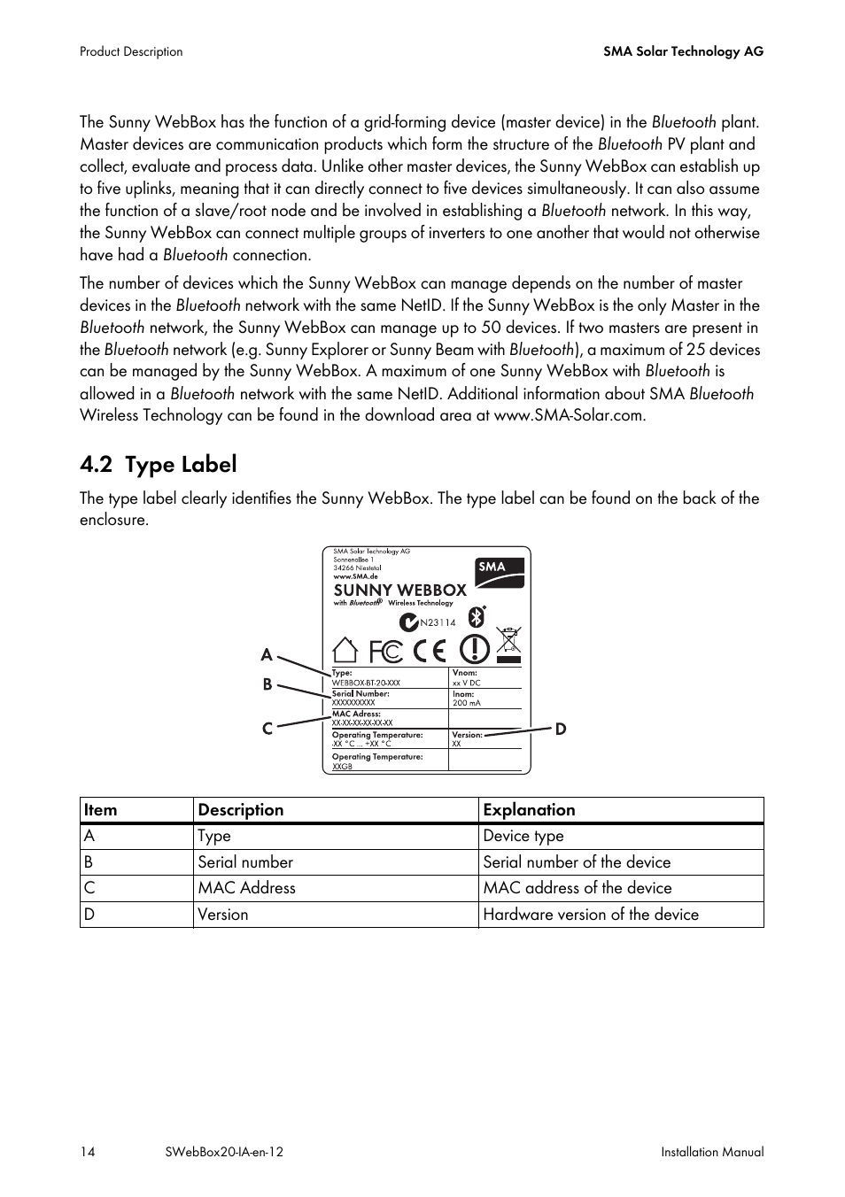 2 type label, Type label | SMA WEBBOX-BT-20 Installation User Manual | Page 14 / 62