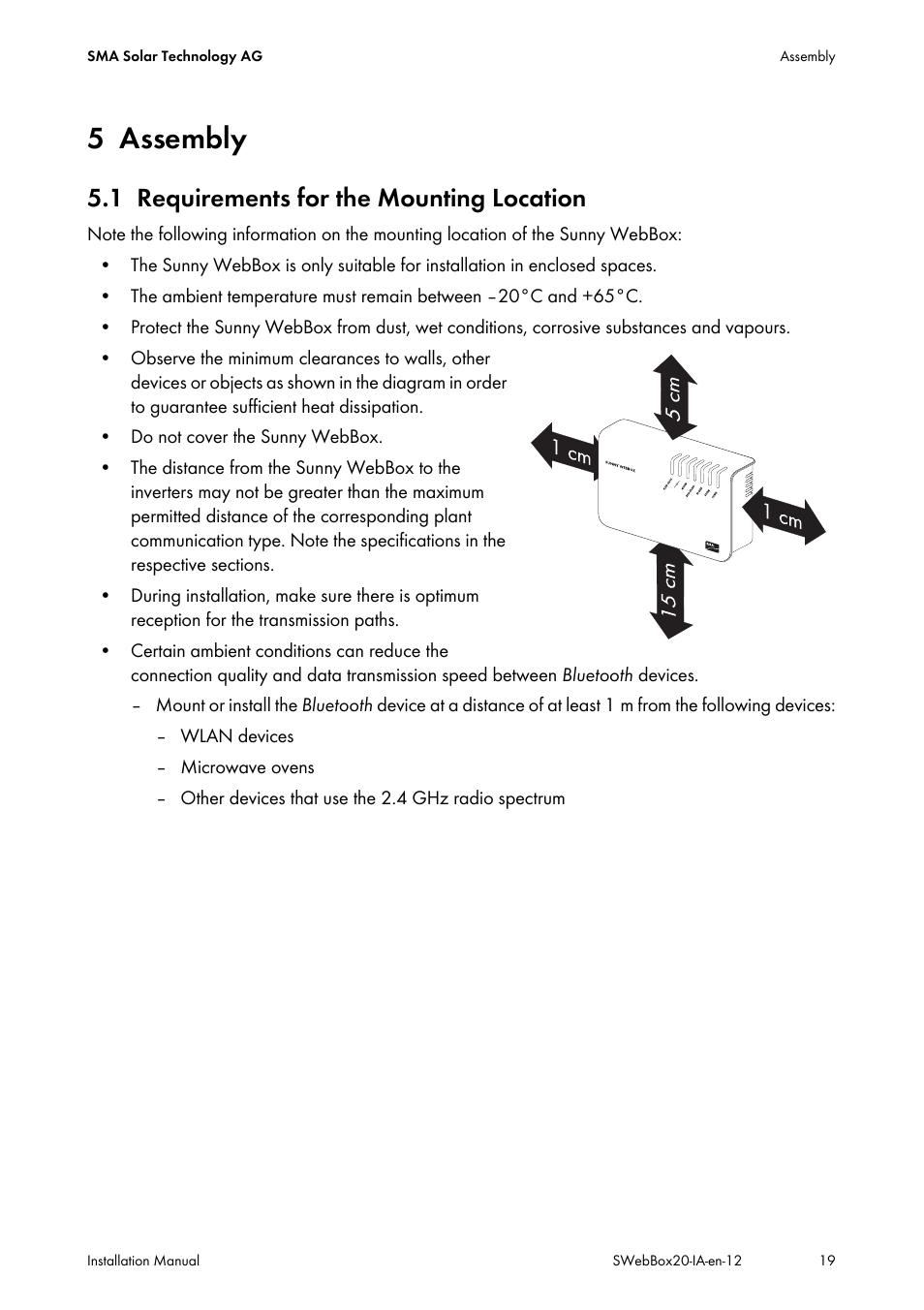 5 assembly, 1 requirements for the mounting location, Assembly | Requirements for the mounting location | SMA WEBBOX-BT-20 Installation User Manual | Page 19 / 62