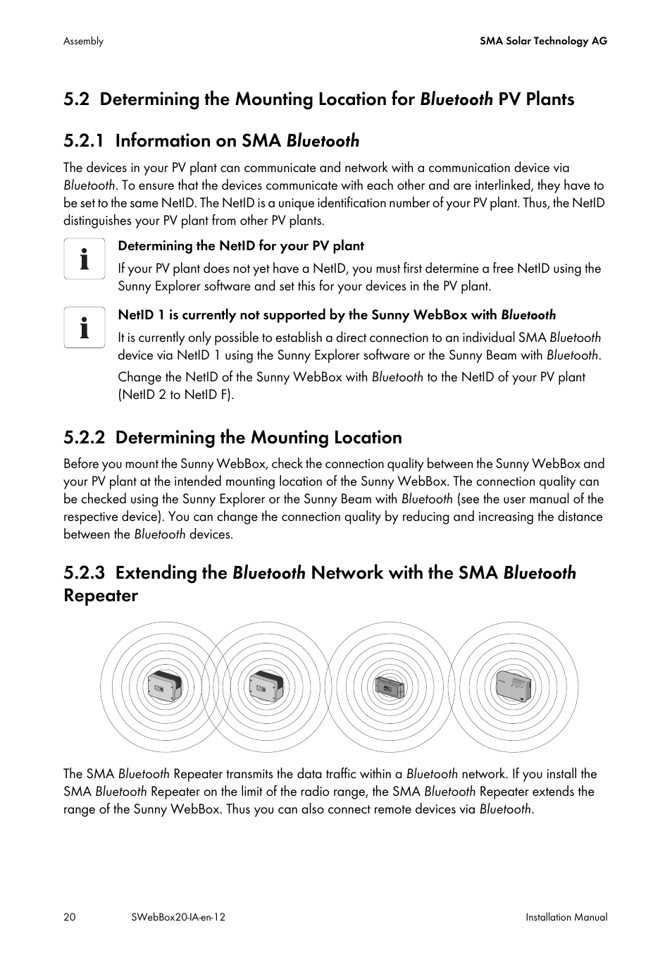 1 information on sma bluetooth, 2 determining the mounting location, Determining the mounting location for bluetooth | Information on sma bluetooth, Determining the mounting location, Extending the | SMA WEBBOX-BT-20 Installation User Manual | Page 20 / 62
