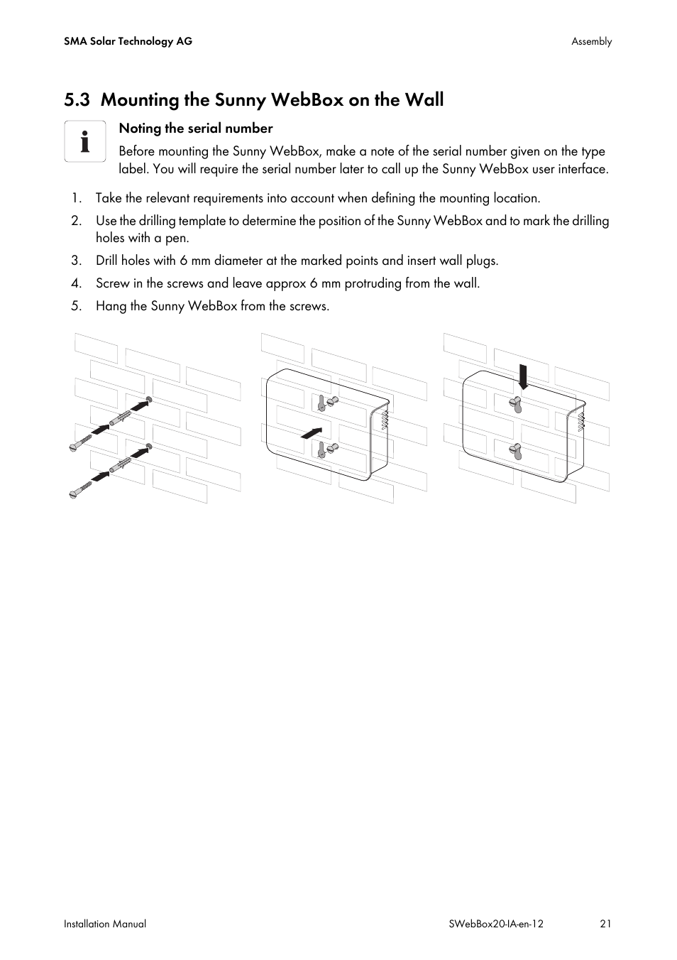3 mounting the sunny webbox on the wall, Mounting the sunny webbox on the wall | SMA WEBBOX-BT-20 Installation User Manual | Page 21 / 62