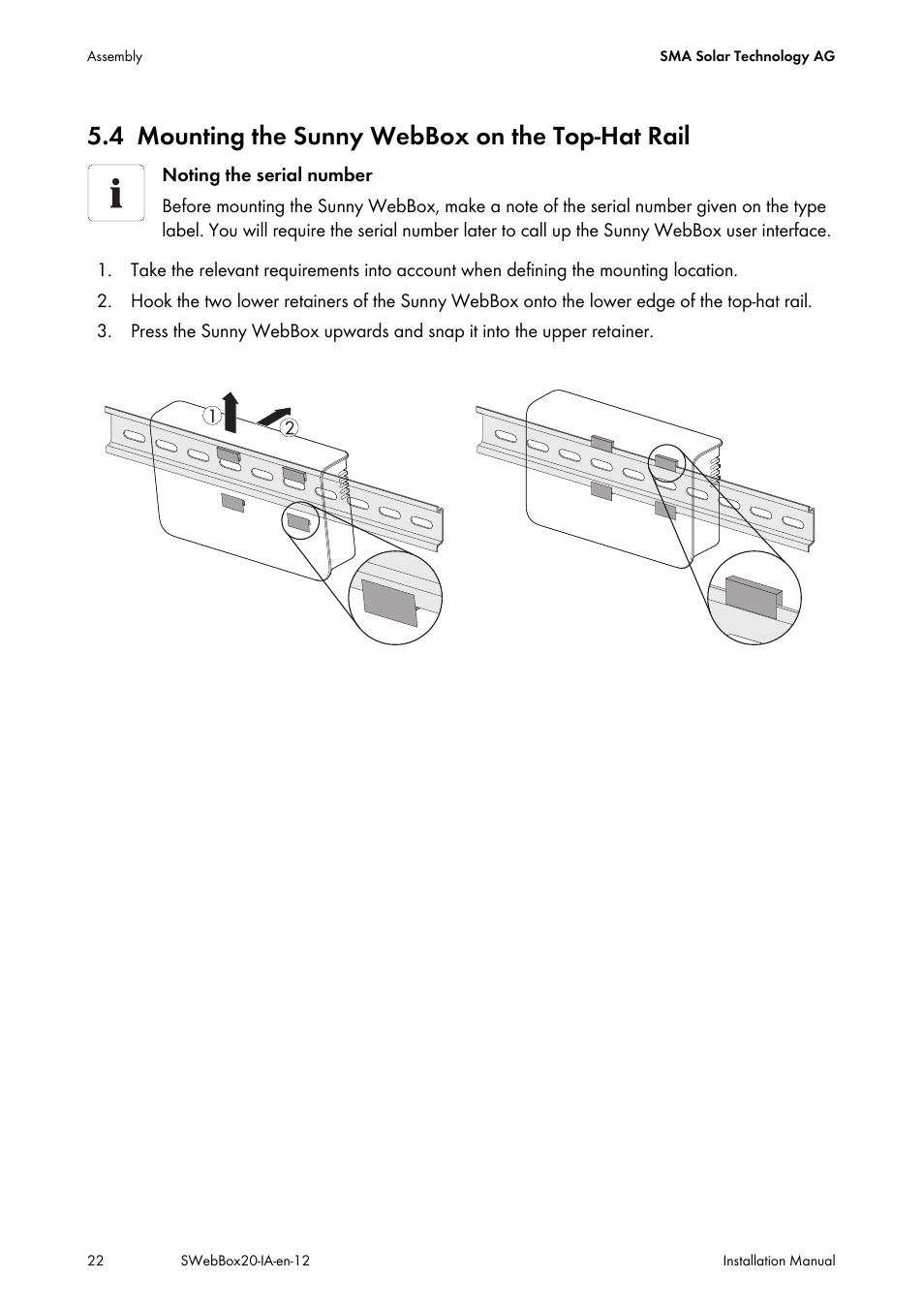4 mounting the sunny webbox on the top-hat rail, Mounting the sunny webbox on the top-hat rail | SMA WEBBOX-BT-20 Installation User Manual | Page 22 / 62