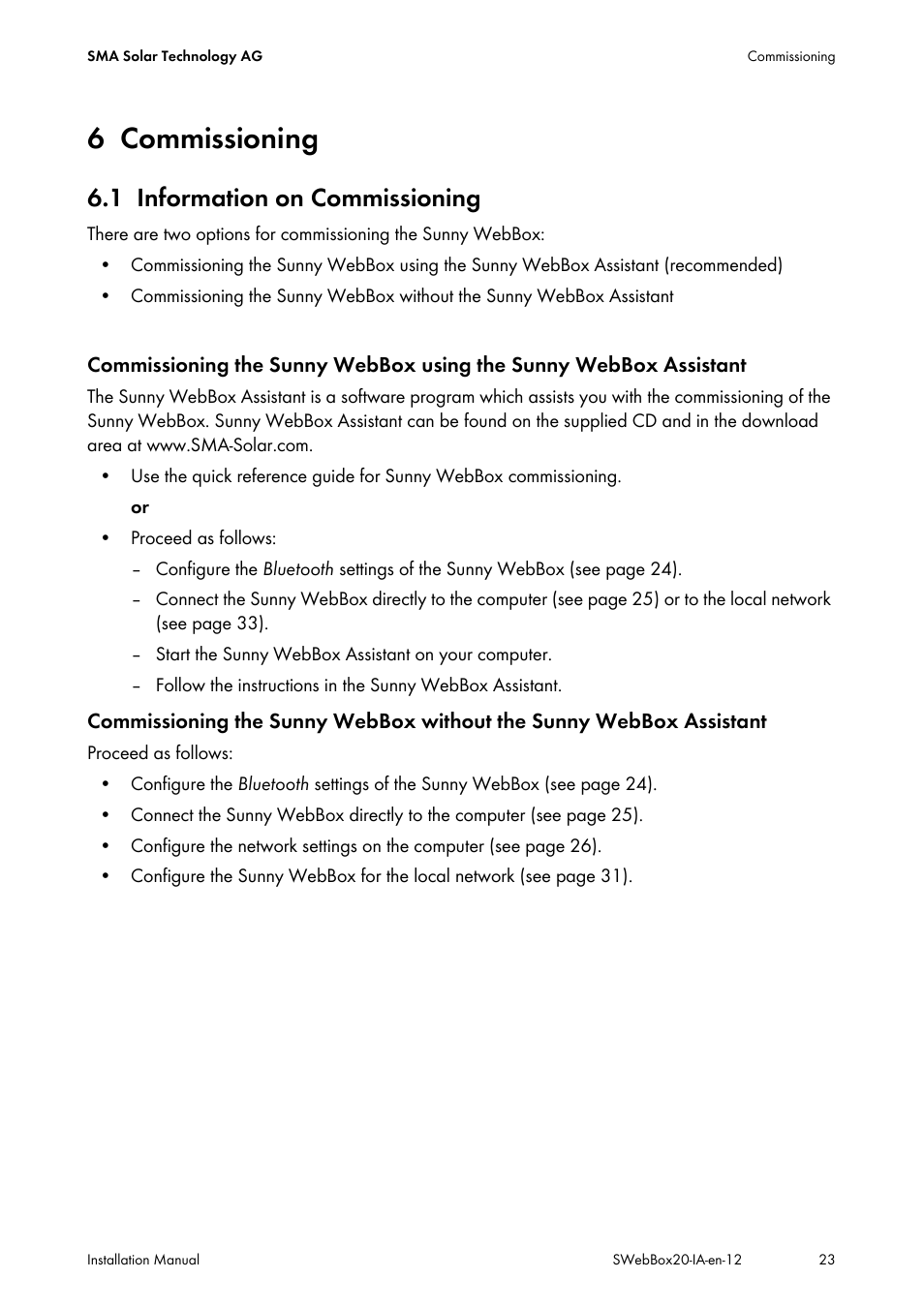 6 commissioning, 1 information on commissioning, Commissioning | Information on commissioning | SMA WEBBOX-BT-20 Installation User Manual | Page 23 / 62