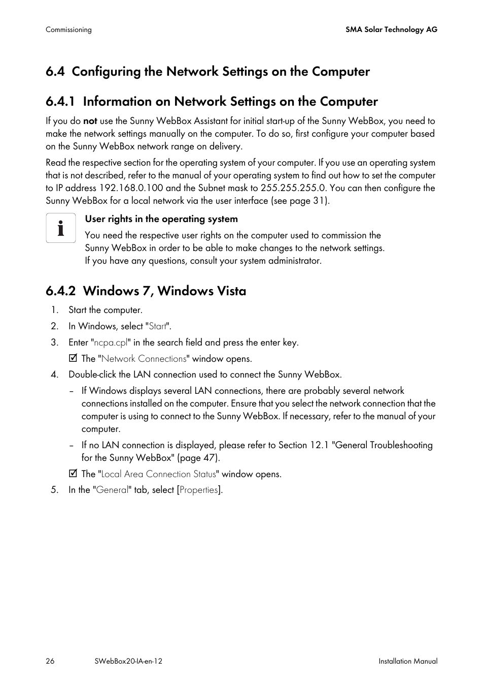 4 configuring the network settings on the computer, 1 information on network settings on the computer, 2 windows 7, windows vista | Configuring the network settings on the computer, Information on network settings on the computer, Windows 7, windows vista | SMA WEBBOX-BT-20 Installation User Manual | Page 26 / 62