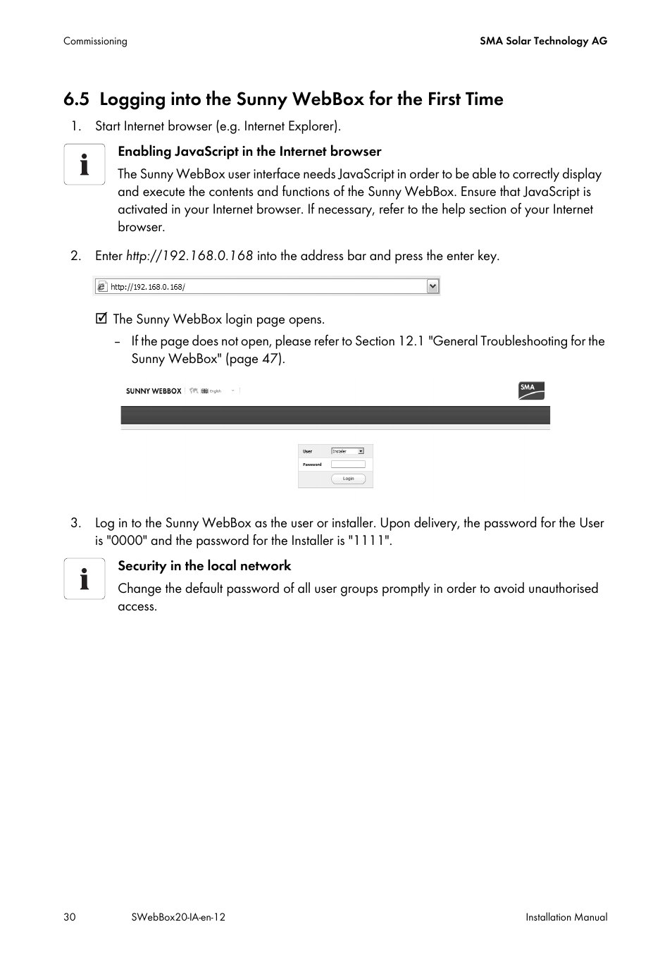 5 logging into the sunny webbox for the first time, Logging into the sunny webbox for the first time | SMA WEBBOX-BT-20 Installation User Manual | Page 30 / 62