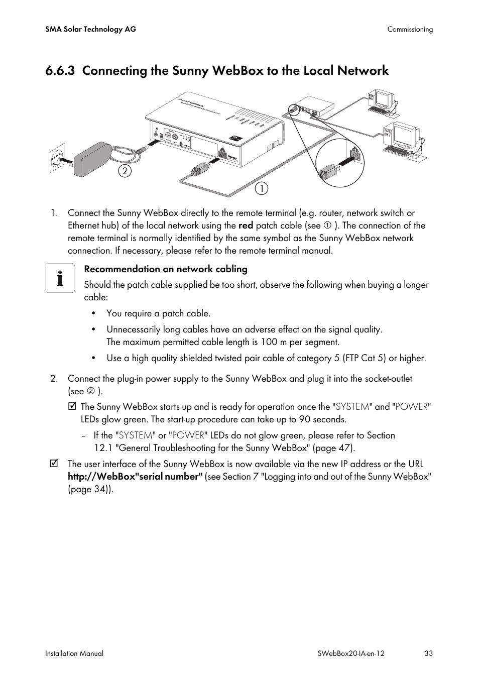 3 connecting the sunny webbox to the local network, Connecting the sunny webbox to the local network | SMA WEBBOX-BT-20 Installation User Manual | Page 33 / 62