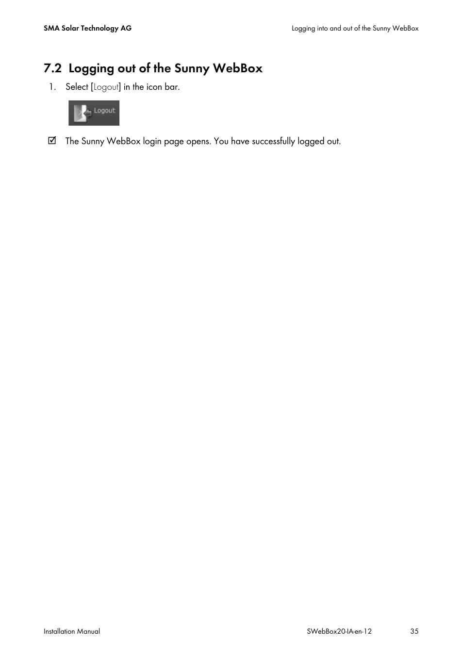 2 logging out of the sunny webbox, Logging out of the sunny webbox | SMA WEBBOX-BT-20 Installation User Manual | Page 35 / 62