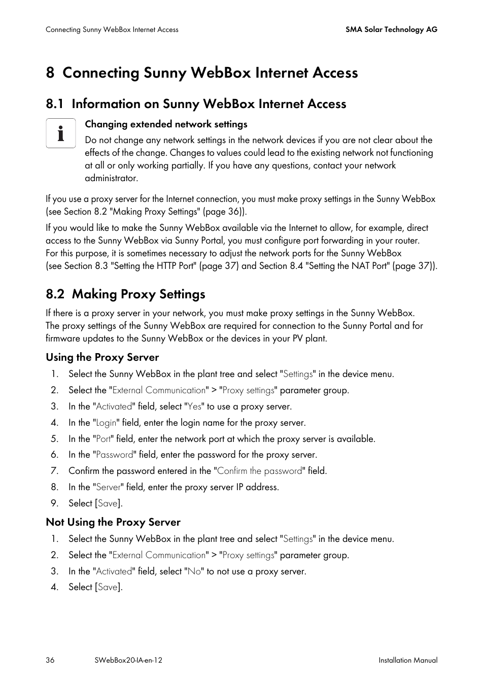 8 connecting sunny webbox internet access, 1 information on sunny webbox internet access, 2 making proxy settings | Connecting sunny webbox internet access, Information on sunny webbox internet access, Making proxy settings | SMA WEBBOX-BT-20 Installation User Manual | Page 36 / 62