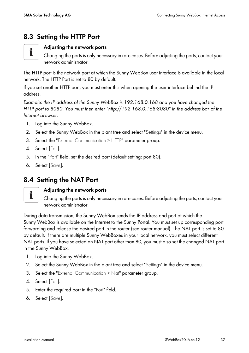 3 setting the http port, 4 setting the nat port, Setting the http port | Setting the nat port | SMA WEBBOX-BT-20 Installation User Manual | Page 37 / 62