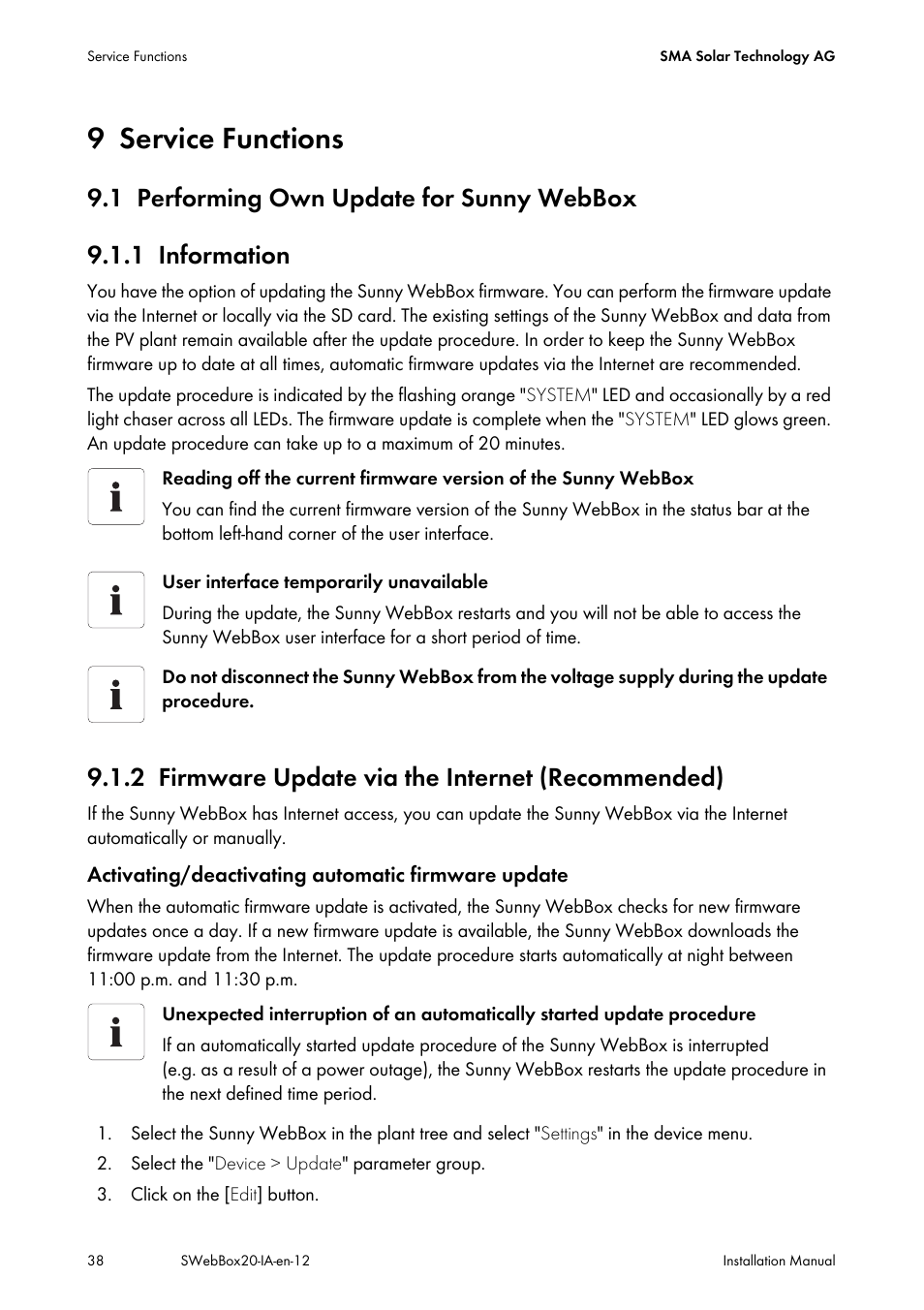 9 service functions, 1 performing own update for sunny webbox, 1 information | 2 firmware update via the internet (recommended), Service functions, Performing own update for sunny webbox, Information, Firmware update via the internet (recommended) | SMA WEBBOX-BT-20 Installation User Manual | Page 38 / 62