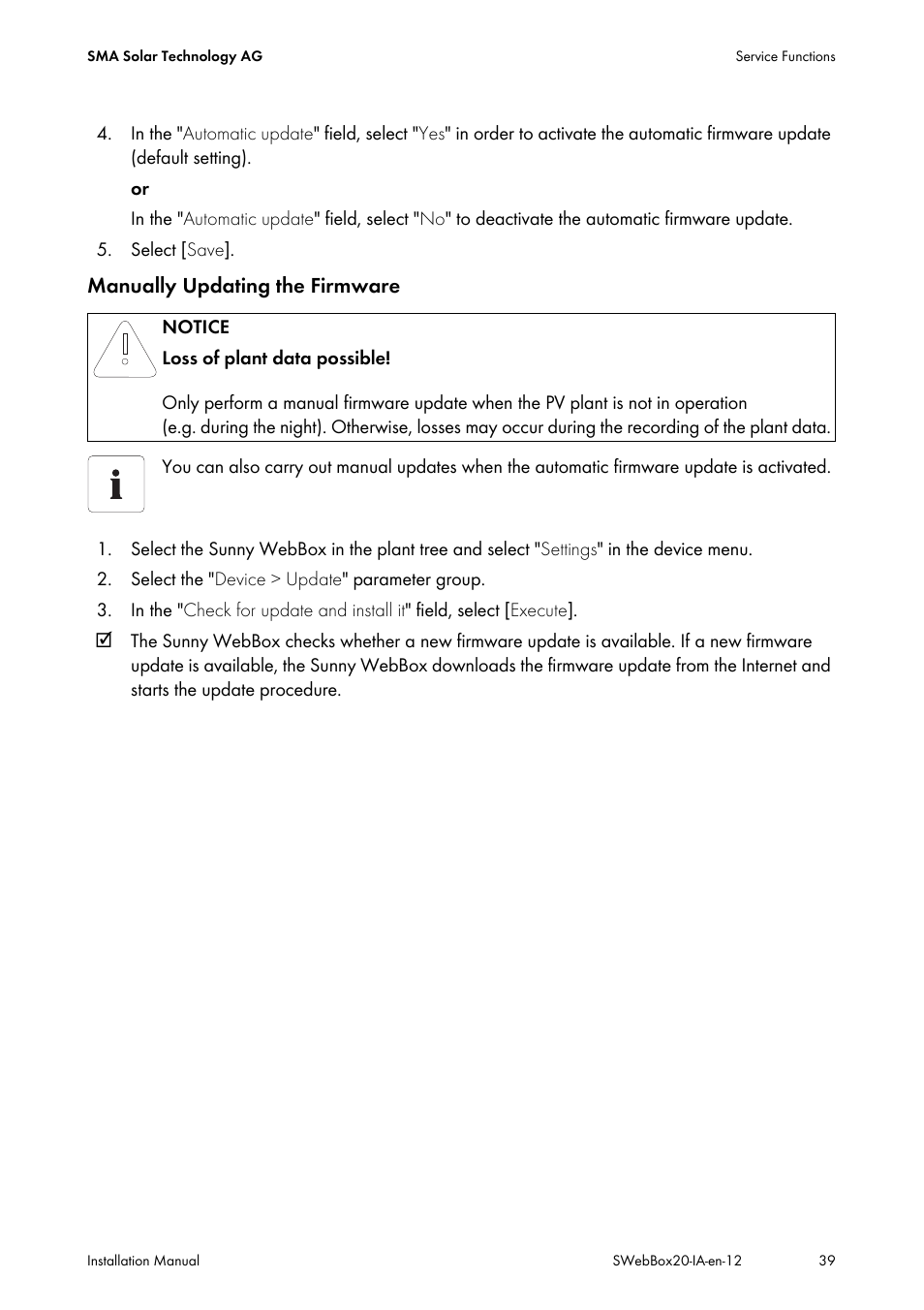 Manually updating the firmware | SMA WEBBOX-BT-20 Installation User Manual | Page 39 / 62