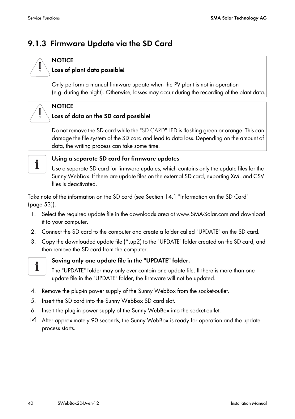 3 firmware update via the sd card, Firmware update via the sd card | SMA WEBBOX-BT-20 Installation User Manual | Page 40 / 62