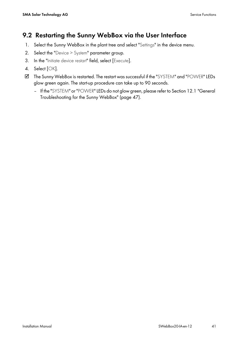 Restarting the sunny webbox via the user interface | SMA WEBBOX-BT-20 Installation User Manual | Page 41 / 62