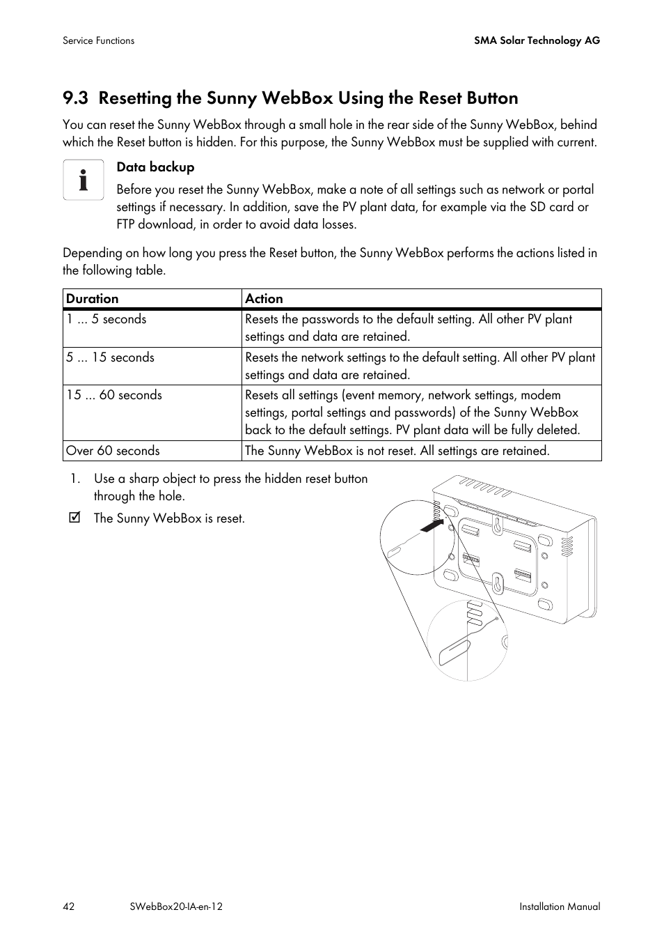 Resetting the sunny webbox using the reset button | SMA WEBBOX-BT-20 Installation User Manual | Page 42 / 62