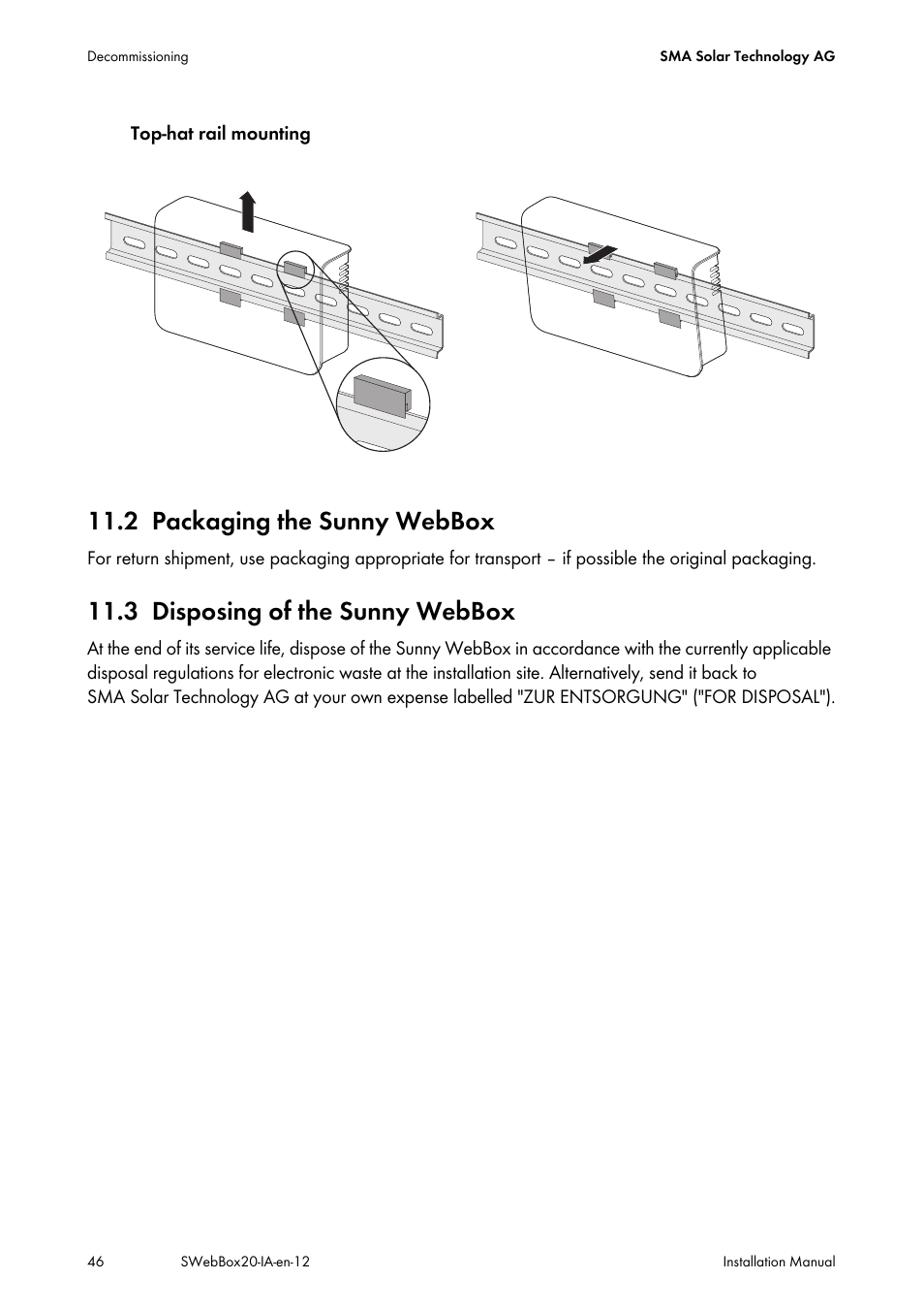 2 packaging the sunny webbox, 3 disposing of the sunny webbox, Packaging the sunny webbox | Disposing of the sunny webbox | SMA WEBBOX-BT-20 Installation User Manual | Page 46 / 62