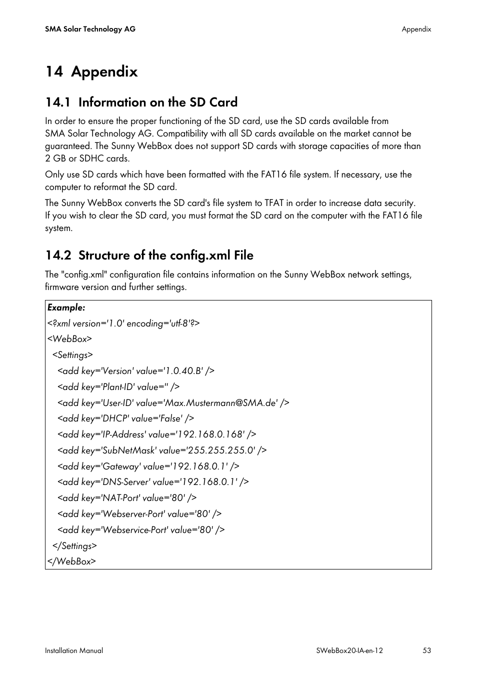 14 appendix, 1 information on the sd card, 2 structure of the config.xml file | Appendix, Information on the sd card, Structure of the config.xml file | SMA WEBBOX-BT-20 Installation User Manual | Page 53 / 62