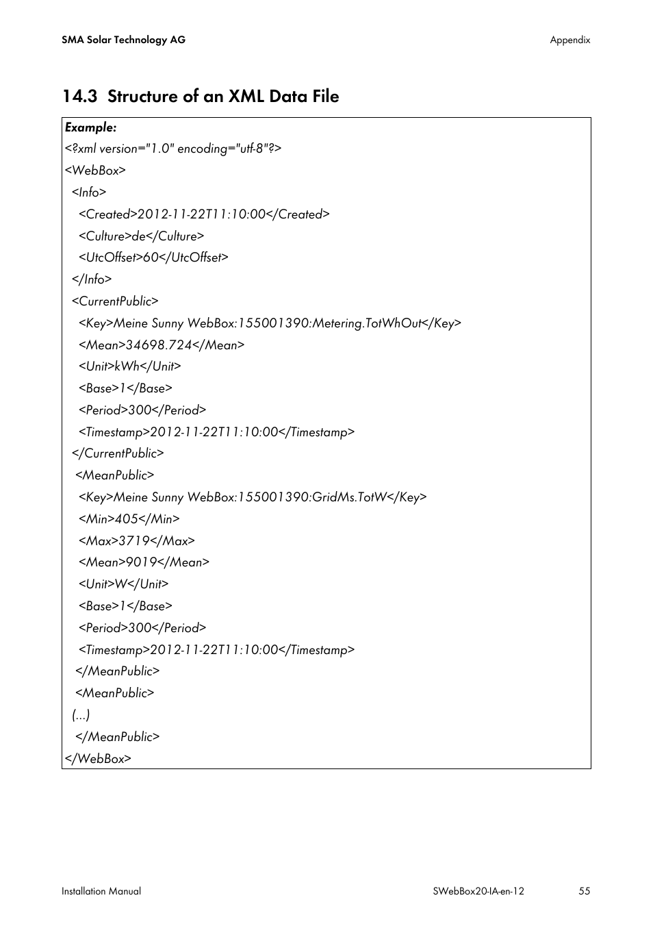 3 structure of an xml data file, Structure of an xml data file | SMA WEBBOX-BT-20 Installation User Manual | Page 55 / 62