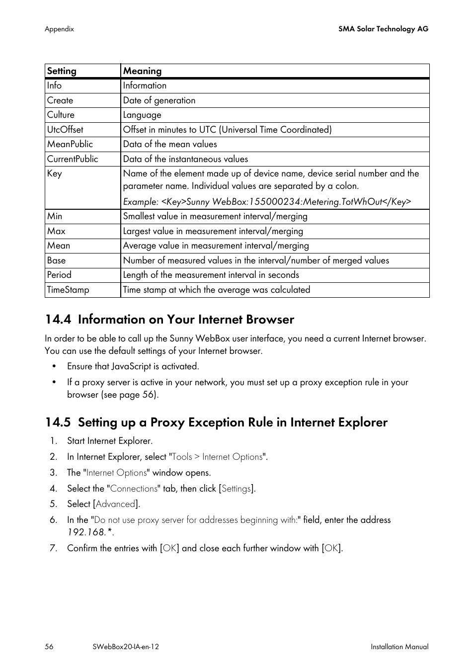 4 information on your internet browser, Information on your internet browser | SMA WEBBOX-BT-20 Installation User Manual | Page 56 / 62