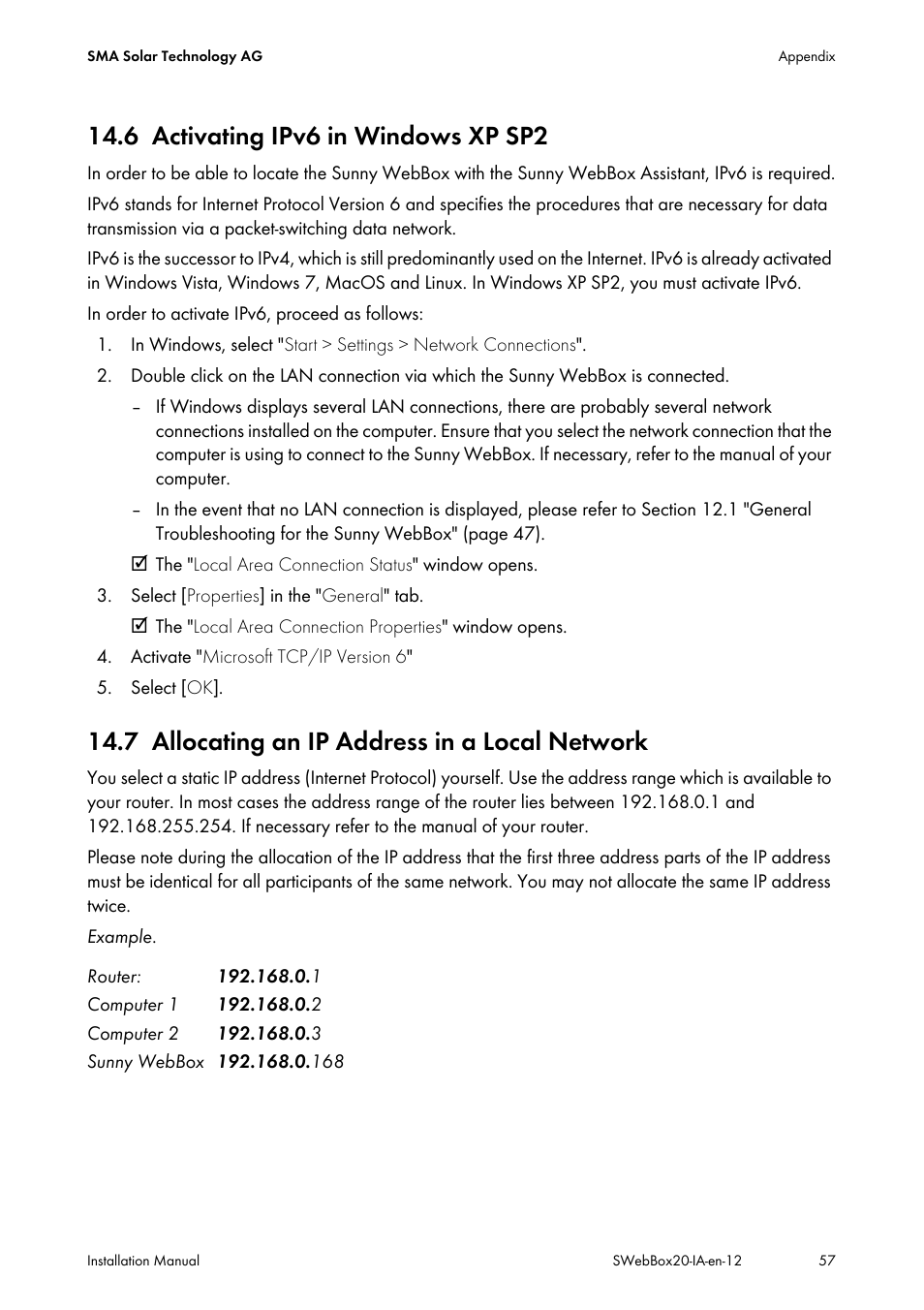6 activating ipv6 in windows xp sp2, 7 allocating an ip address in a local network, Activating ipv6 in windows xp sp2 | Allocating an ip address in a local network | SMA WEBBOX-BT-20 Installation User Manual | Page 57 / 62