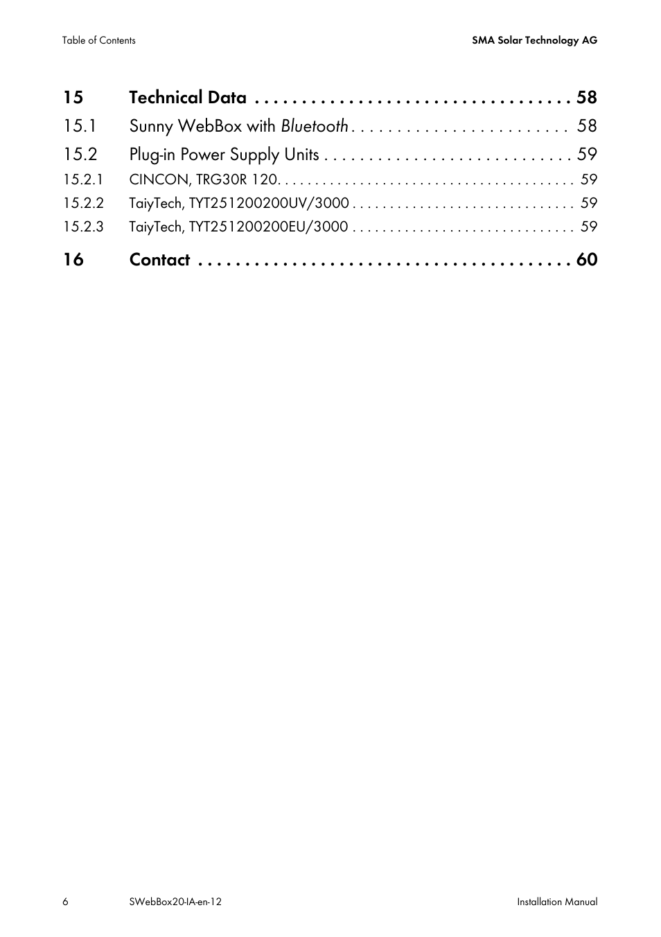 16 contact | SMA WEBBOX-BT-20 Installation User Manual | Page 6 / 62