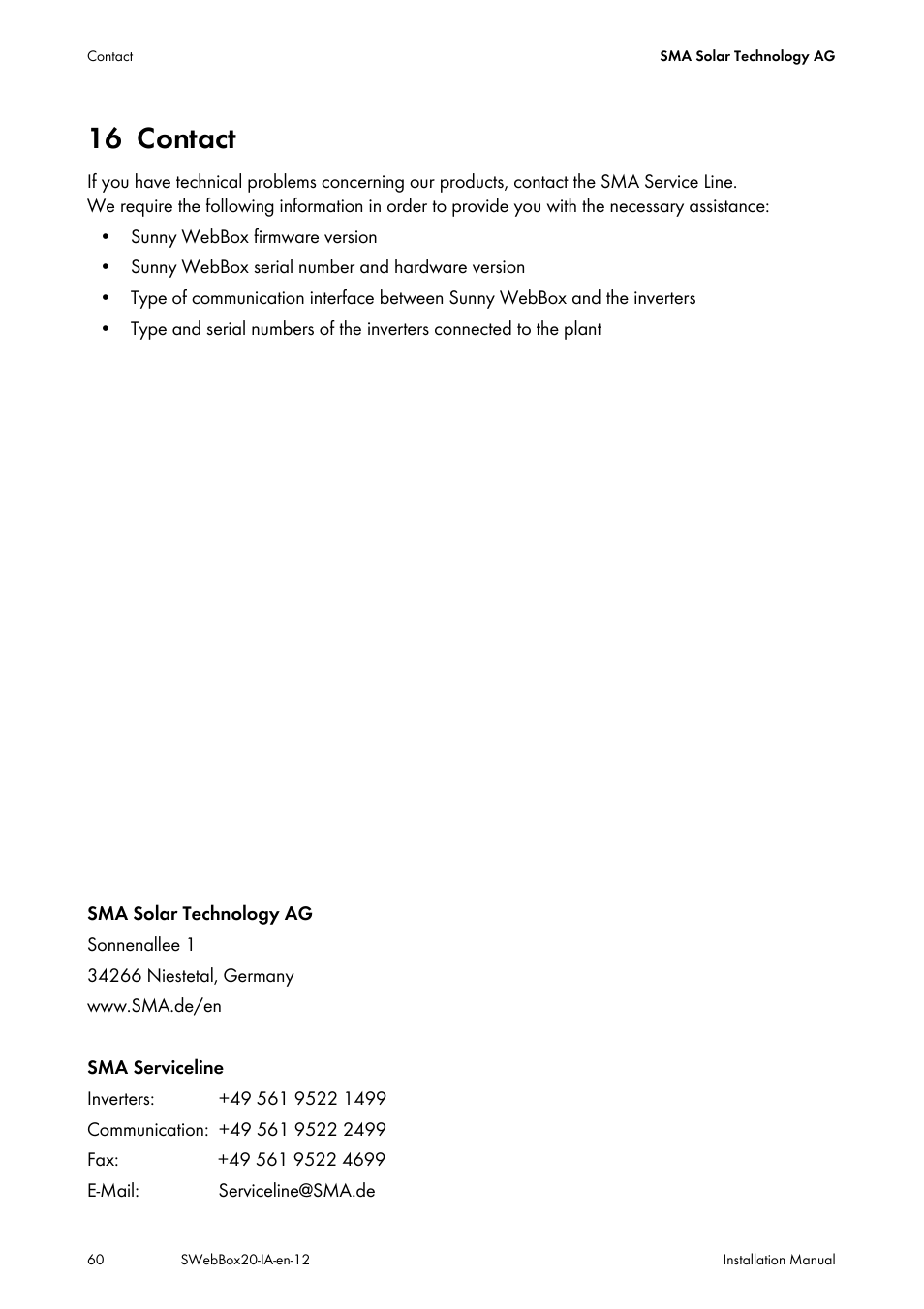 16 contact, Contact | SMA WEBBOX-BT-20 Installation User Manual | Page 60 / 62