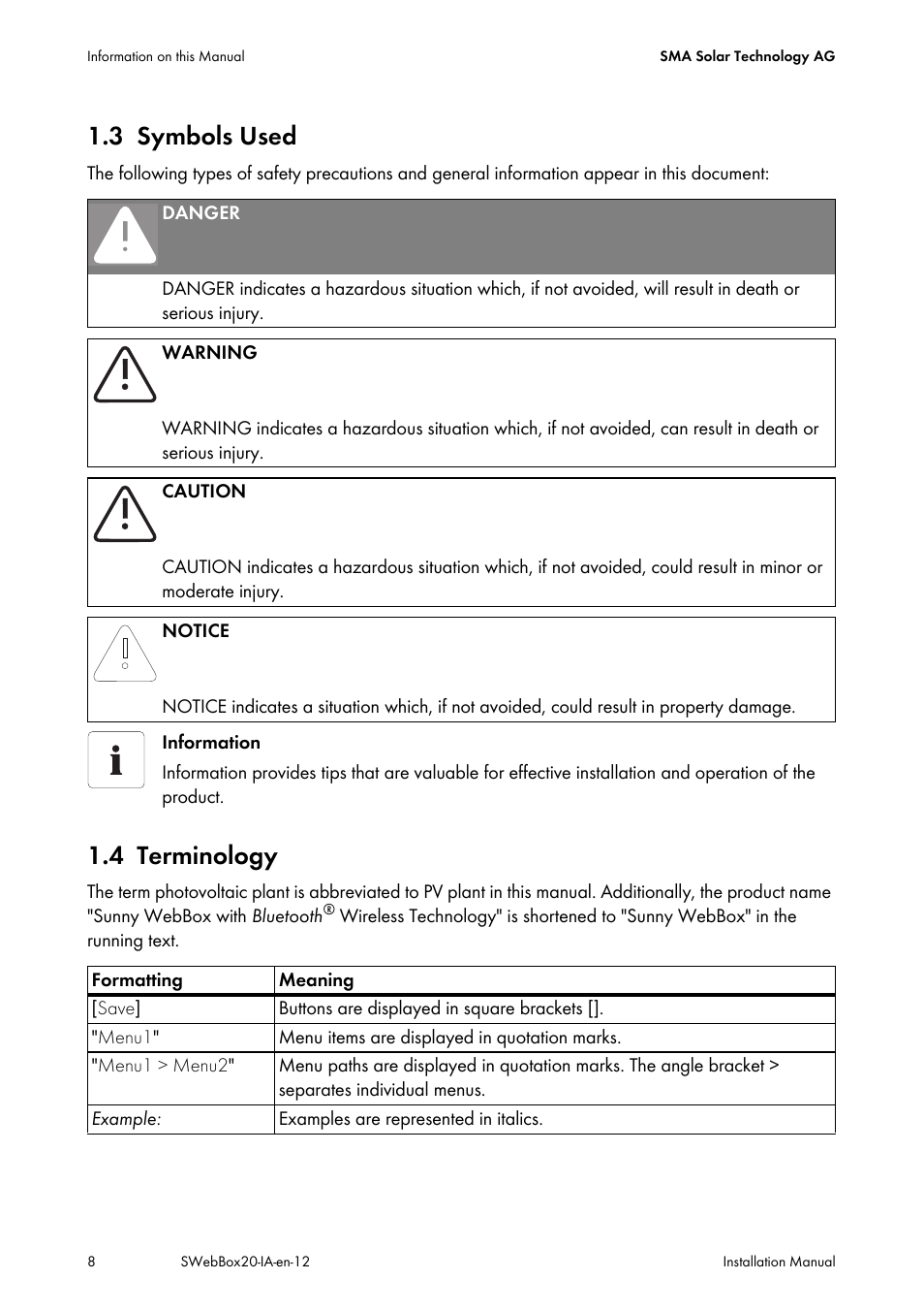 3 symbols used, 4 terminology, Symbols used | Terminology | SMA WEBBOX-BT-20 Installation User Manual | Page 8 / 62