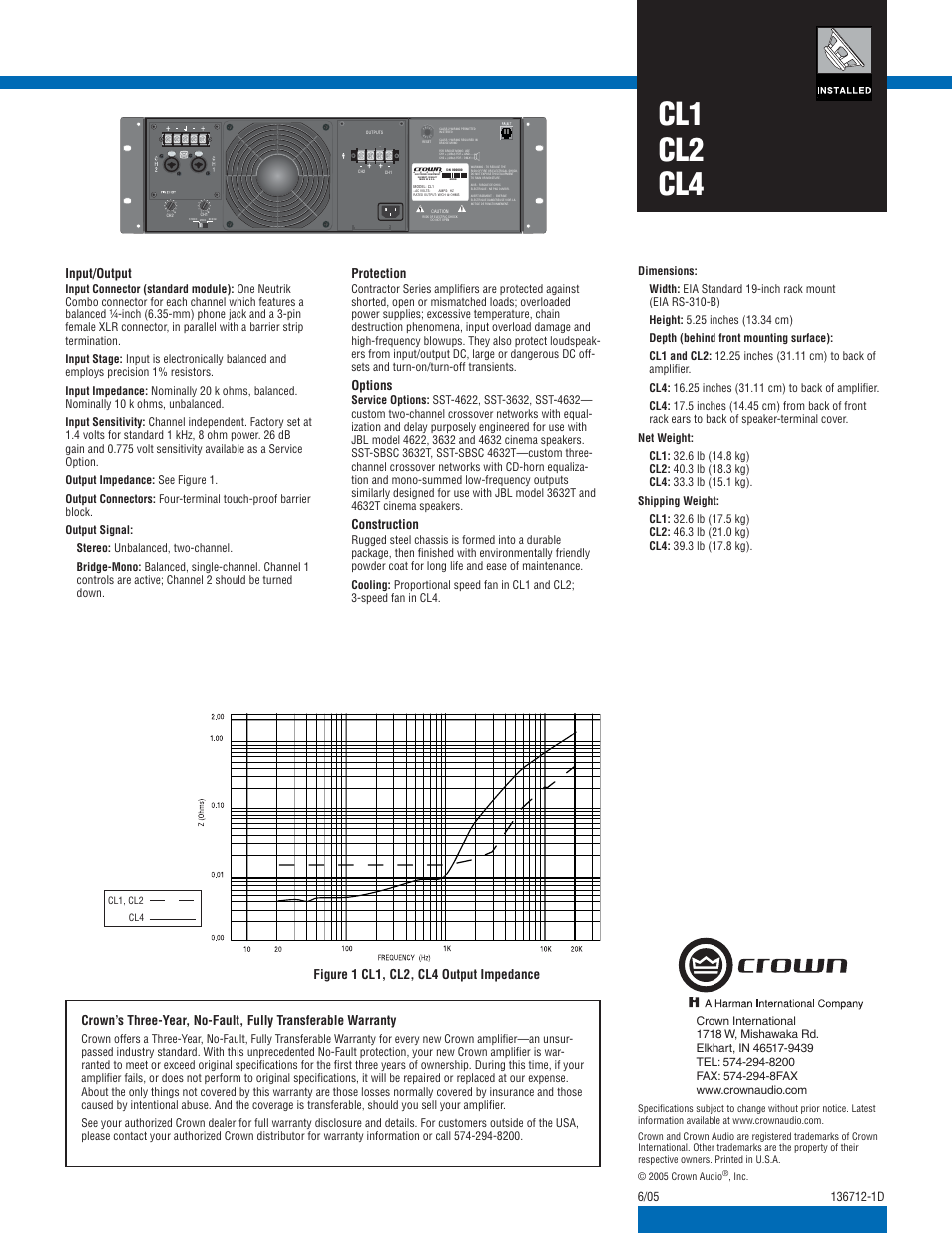 Cl1 cl2 cl4, Input/output, Protection | Options, Construction | Crown CL1 User Manual | Page 2 / 2