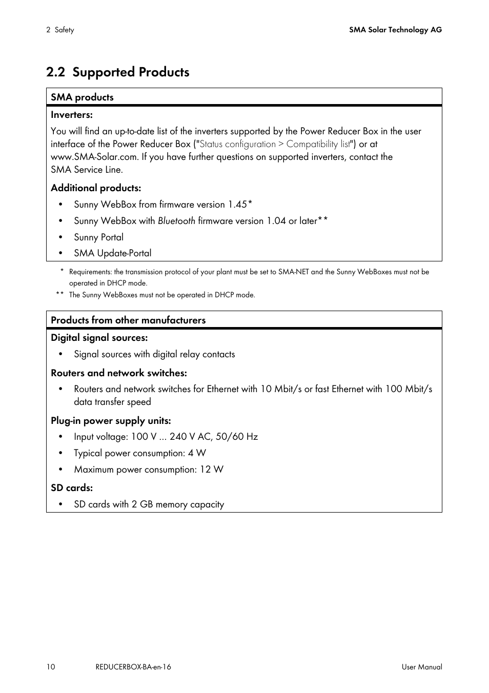 2 supported products, Supported products | SMA POWER REDUCER BOX User Manual | Page 10 / 80