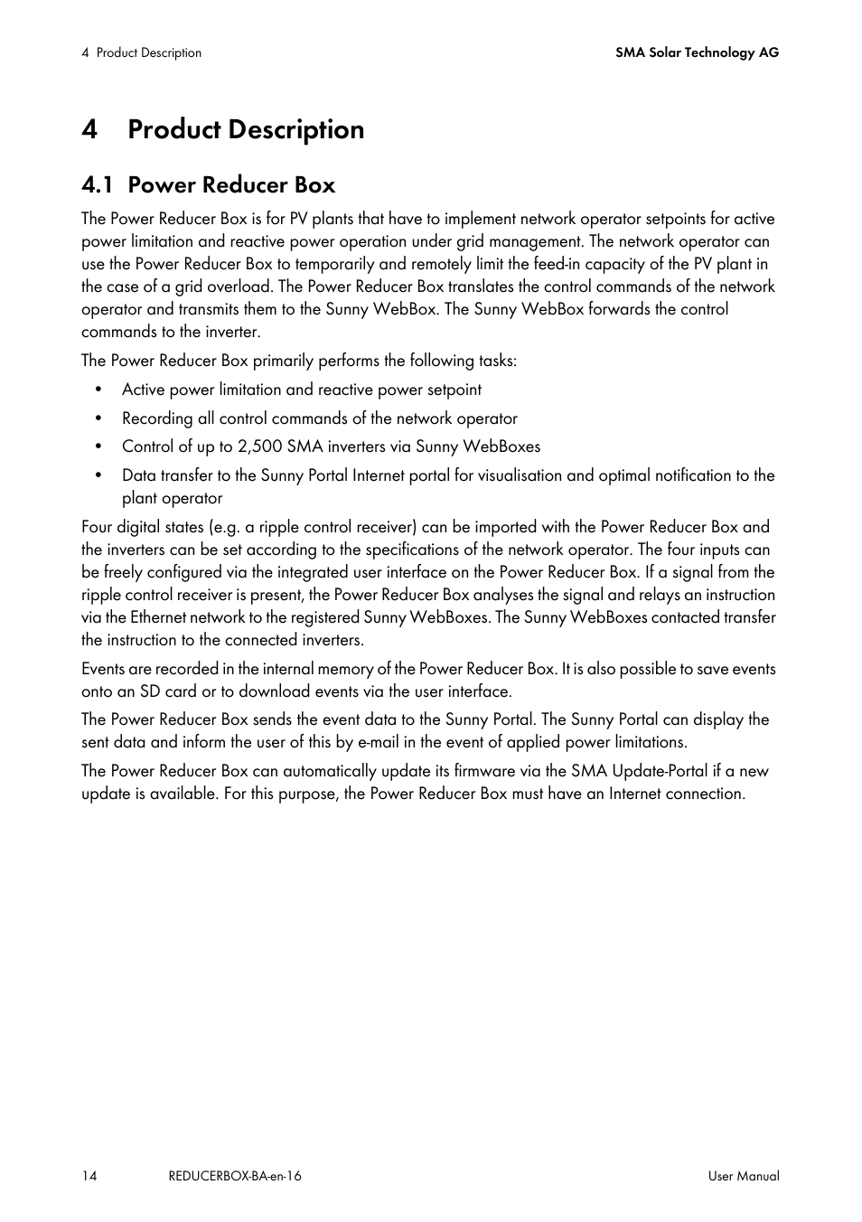 4 product description, 1 power reducer box, Product description | Power reducer box | SMA POWER REDUCER BOX User Manual | Page 14 / 80