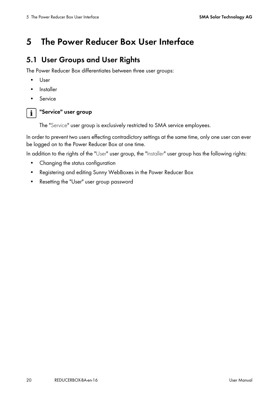 5 the power reducer box user interface, 1 user groups and user rights, The power reducer box user interface | User groups and user rights | SMA POWER REDUCER BOX User Manual | Page 20 / 80
