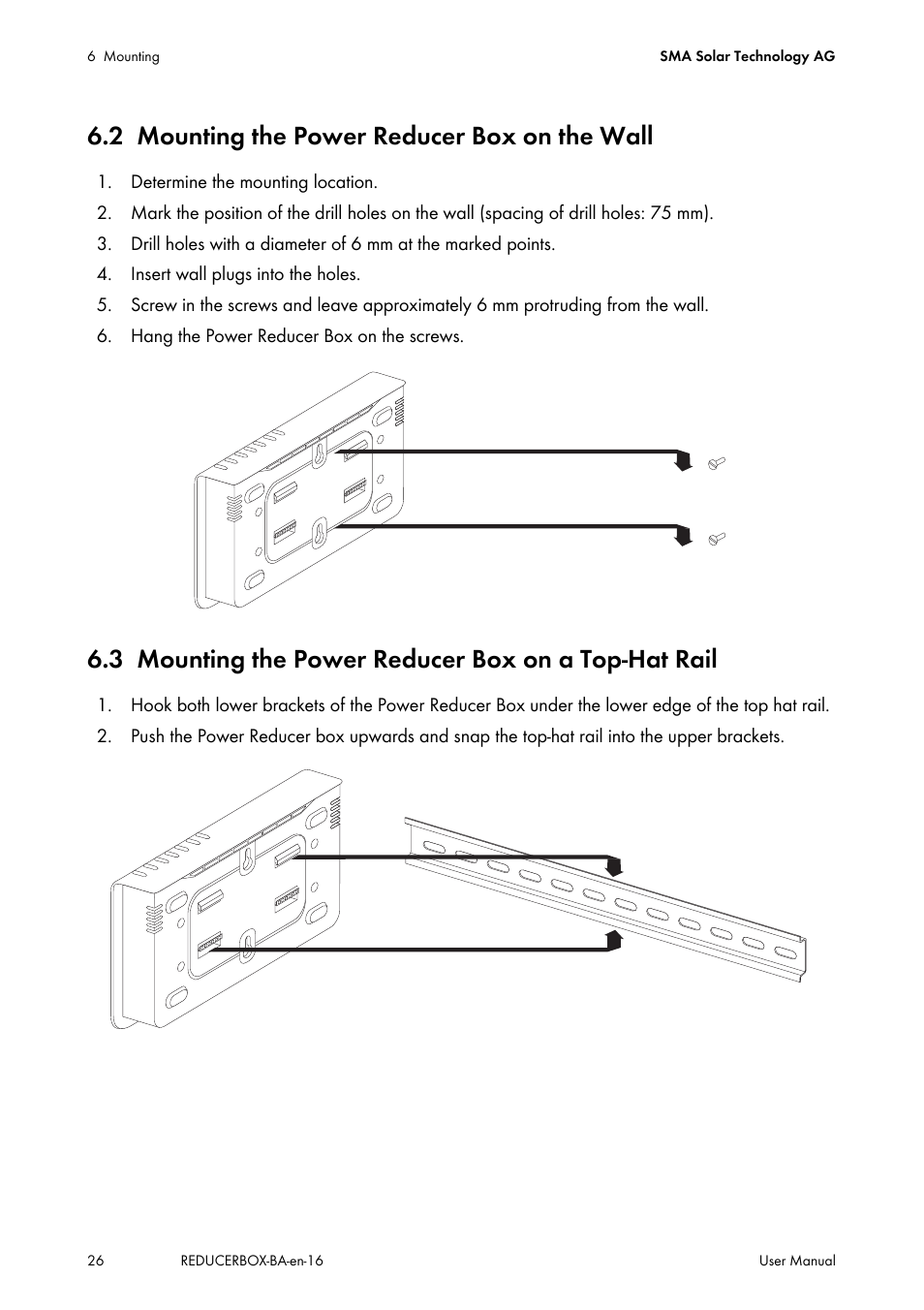 2 mounting the power reducer box on the wall, 3 mounting the power reducer box on a top-hat rail, Mounting the power reducer box on the wall | Mounting the power reducer box on a top-hat rail | SMA POWER REDUCER BOX User Manual | Page 26 / 80