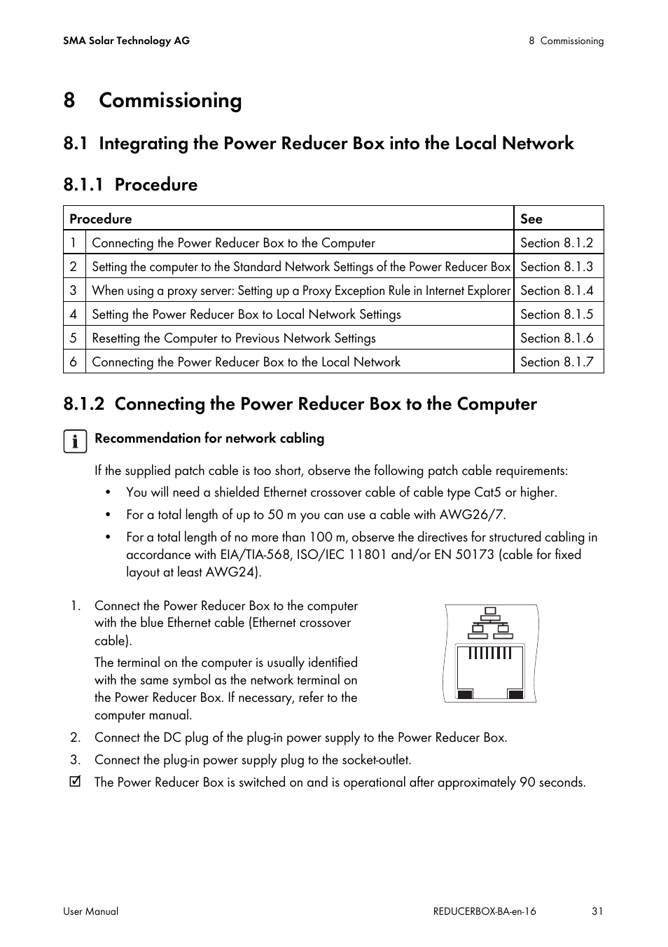 8 commissioning, 1 procedure, 2 connecting the power reducer box to the computer | Commissioning, Procedure, Connecting the power reducer box to the computer | SMA POWER REDUCER BOX User Manual | Page 31 / 80