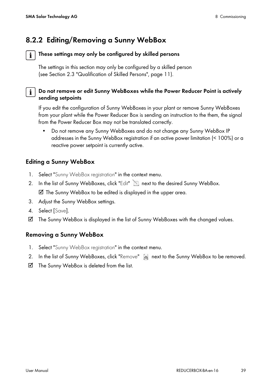 2 editing/removing a sunny webbox, Editing/removing a sunny webbox | SMA POWER REDUCER BOX User Manual | Page 39 / 80