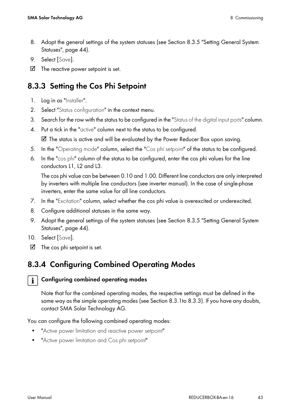 3 setting the cos phi setpoint, 4 configuring combined operating modes, Setting the cos phi setpoint | Configuring combined operating modes | SMA POWER REDUCER BOX User Manual | Page 43 / 80