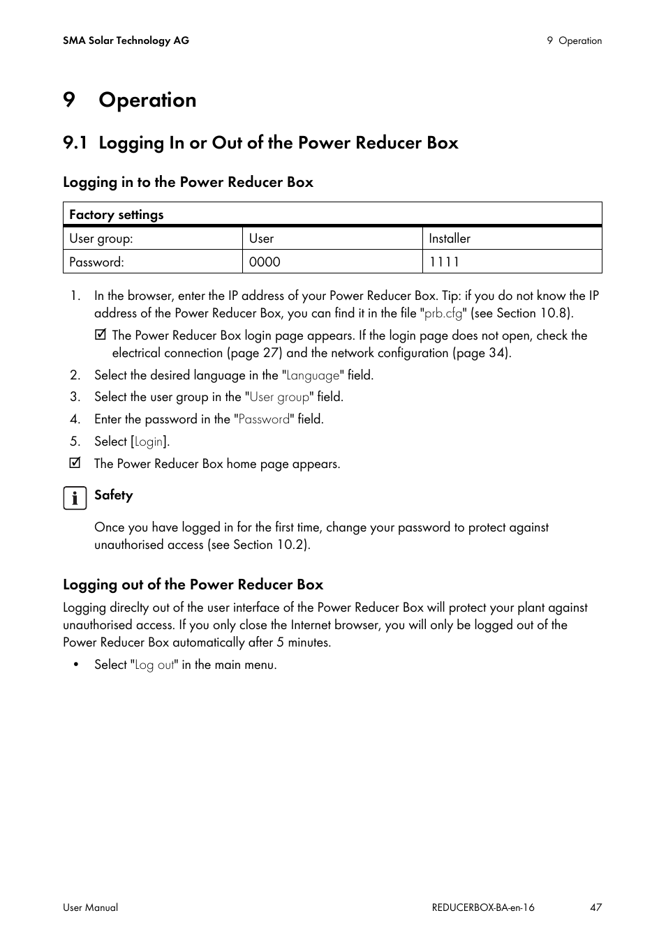 9 operation, 1 logging in or out of the power reducer box, Operation | Logging in or out of the power reducer box | SMA POWER REDUCER BOX User Manual | Page 47 / 80