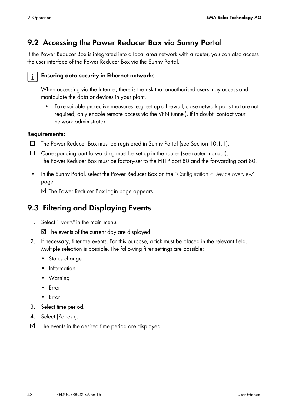 2 accessing the power reducer box via sunny portal, 3 filtering and displaying events, Accessing the power reducer box via sunny portal | Filtering and displaying events | SMA POWER REDUCER BOX User Manual | Page 48 / 80