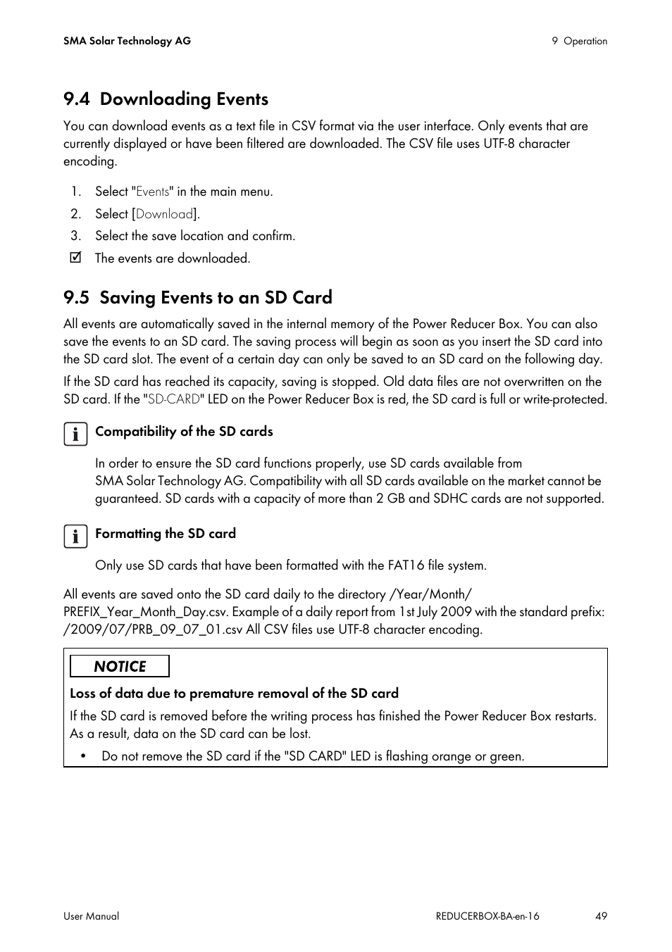 4 downloading events, 5 saving events to an sd card, Downloading events | Saving events to an sd card | SMA POWER REDUCER BOX User Manual | Page 49 / 80
