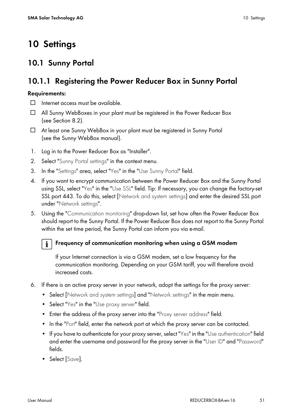 10 settings, 1 sunny portal, Settings | Sunny portal, Registering the power reducer box in sunny portal | SMA POWER REDUCER BOX User Manual | Page 51 / 80