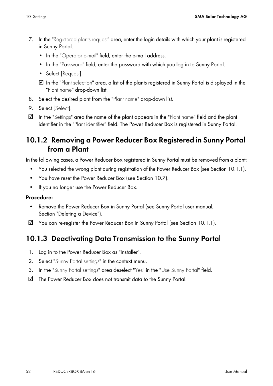 Deactivating data transmission to the sunny portal | SMA POWER REDUCER BOX User Manual | Page 52 / 80