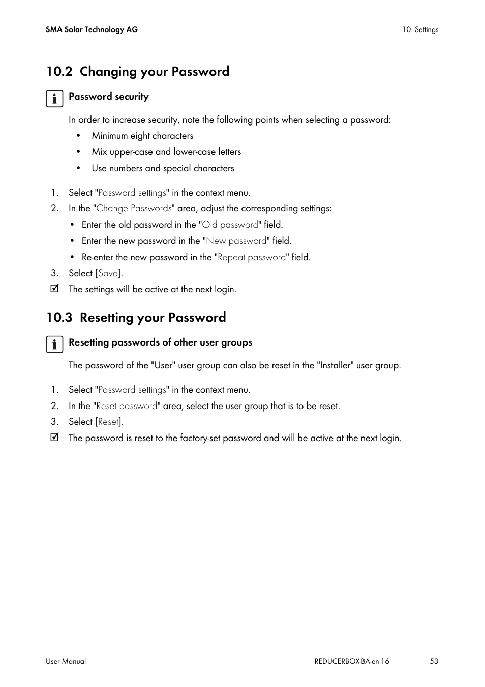 2 changing your password, 3 resetting your password, Changing your password | Resetting your password, Ion 10.2) | SMA POWER REDUCER BOX User Manual | Page 53 / 80